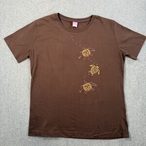 Sea Turtle Embroidered Rhinestone Crew Neck T-Shirt Women's Large LAT Brown